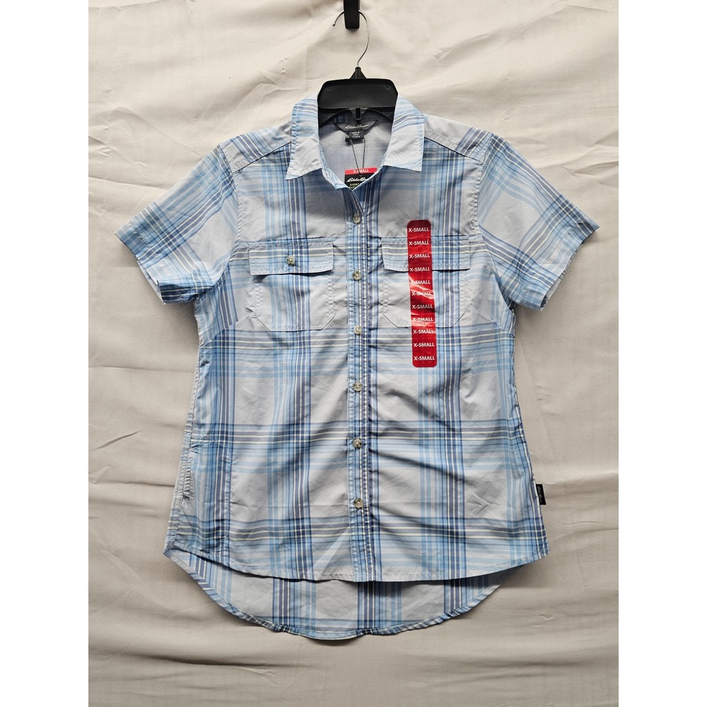 Eddie Bauer Womens Adventure Short Sleeve Shirt Blue Plaid Poly Blend Size XS